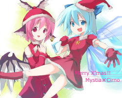 Rule 34 | 2girls, akanagi youto, bare shoulders, blue hair, christmas, cirno, female focus, gloves, hair ornament, merry christmas, multiple girls, mystia lorelei, open mouth, outstretched arm, reaching, red gloves, red hair, santa costume, short hair, touhou, wallpaper, wings