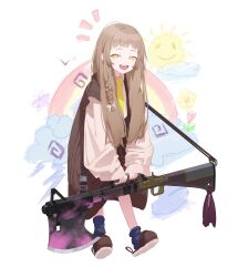Rule 34 | 1girl, :d, absurdres, blue socks, braid, brown footwear, brown hair, brown sweater, cloud, fang, flower, full body, goowonjoon, gun, half-closed eyes, highres, holding, holding gun, holding weapon, long hair, long sleeves, looking at viewer, neckerchief, notice lines, open mouth, original, puffy long sleeves, puffy sleeves, red flower, shirt, simple background, single braid, sleeves past wrists, slippers, smile, socks, solo, sun symbol, sweater, teeth, upper teeth only, very long hair, weapon, weapon request, white background, white shirt, yellow eyes, yellow neckerchief