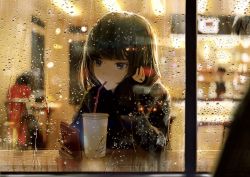Rule 34 | 1girl, absurdres, blurry, blurry background, cellphone, condensation, cup, drinking, drinking straw, drinking straw in mouth, hair strand, highres, jewelry, mole, mole under eye, original, phone, rain, restaurant, ring, short hair, sitting, sleeves past wrists, table, tsukiiro, window