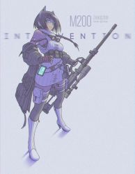 Rule 34 | 1girl, armband, artist name, belt, belt pouch, black gloves, black thighhighs, blue background, bob cut, bolt action, boots, braid, breasts, cellphone, character name, cheytac m200, dress, girls&#039; frontline, glint, gloves, goggles, goggles around neck, green eyes, gun, hand on own hip, headgear, high heel boots, high heels, highres, holding, holding gun, holding weapon, looking at viewer, m200 (girls&#039; frontline), magazine (weapon), medium breasts, off-shoulder jacket, off shoulder, original, parted lips, partially fingerless gloves, phone, pouch, rifle, scope, shooting gloves, sideboob, smartphone, sniper rifle, solo, sweater, sweater dress, thigh pouch, thighhighs, twitter username, weapon, white footwear, zhvo