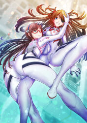 Rule 34 | 2girls, :3, ass, ass focus, blue eyes, bodysuit, breasts, brown hair, cameltoe, clenched teeth, disgust, evangelion: 3.0+1.0 thrice upon a time, eyepatch, fang, from above, full body, glasses, hair ornament, hairpods, highres, interface headset, large breasts, lips, long hair, looking at another, low twintails, makinami mari illustrious, medium breasts, multiple girls, neon genesis evangelion, pilot suit, plugsuit, rebuild of evangelion, shiny clothes, skin tight, souryuu asuka langley, teeth, twintails, two side up, very long hair, white bodysuit, wide hips