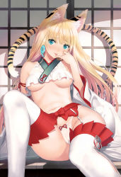 Rule 34 | 1girl, :p, absurdres, animal ear fluff, animal ears, blonde hair, blue eyes, blush, bow, bow panties, breasts, breasts apart, clothing cutout, detached sleeves, earrings, garter belt, hand to own mouth, highres, japanese clothes, jewelry, long hair, magatama, magatama earrings, medium breasts, miko, navel, no bra, panties, pinky out, scan, side cutout, sitting, solo, striped tail, tail, thighhighs, tiger ears, tiger tail, tongue, tongue out, tony taka, toranoana, underboob, underwear, white panties, white thighhighs