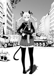 Rule 34 | 1girl, aks-74u, assault rifle, bad id, bad pixiv id, blush stickers, commentary, full body, greyscale, gun, holding, holding weapon, jacket, kalashnikov rifle, maz543, military, military truck, military vehicle, monochrome, motor vehicle, original, outdoors, pleated skirt, rifle, scarf, skirt, solo, standing, tail, tank, thighhighs, track jacket, truck, twintails, weapon, weapon request