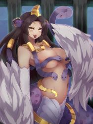 Rule 34 | 1girl, bare shoulders, black hair, blush, breasts, commission, convenient censoring, feathered wings, gold, hair ornament, harpy, highres, hybrid, lamia, large breasts, looking at viewer, mon-musu quest!, mon-musu quest: paradox, monster girl, parted bangs, saja (mon-musu quest!), skeb commission, slit pupils, snake, snake hair, solo, tongue, tongue out, usekh collar, winged arms, wings, yellow eyes, yonaga san