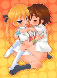 Rule 34 | 2girls, after kiss, ass, blonde hair, blue eyes, bottomless, brown eyes, brown hair, full body, hug, kill me baby, kiss, long hair, looking at another, looking at viewer, multiple girls, necktie, no panties, oribe yasuna, red necktie, saliva, saliva trail, school uniform, shirt, short hair, sitting, sitting on lap, sitting on person, socks, sonya (kill me baby), takao ukyou, thighs, tongue, tongue out, twintails, yuri