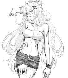 Rule 34 | 1girl, animal ear fluff, animal ears, antenna hair, arknights, artist name, bandeau, bare arms, bare legs, bare shoulders, belt, bracelet, breasts, collarbone, contrapposto, cowboy shot, crossed bangs, eyelashes, greyscale, grin, hair between eyes, hair ornament, hairclip, highres, holding, holding sword, holding weapon, itonatsu, jewelry, lappland (arknights), long bangs, long hair, looking at viewer, looking to the side, material growth, medium breasts, messy hair, midriff, monochrome, navel, open fly, oripathy lesion (arknights), parted lips, ribs, scar, scar across eye, scar on face, short shorts, shorts, signature, simple background, skinny, smile, solo, standing, stomach, sword, teeth, turning head, very long hair, weapon, wolf ears, wolf girl