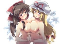 Rule 34 | 2girls, :d, bad id, bad pixiv id, blonde hair, blush, bow, breast press, breasts, brown eyes, brown hair, collarbone, commentary request, flower, frilled bow, frills, hair bow, hair tubes, hakurei reimu, half updo, hat, hat ribbon, highres, holding hands, interlocked fingers, large breasts, long hair, looking at viewer, mikama, mob cap, multiple girls, nude, open mouth, purple eyes, red bow, red ribbon, ribbon, sidelocks, simple background, smile, symmetrical docking, touhou, upper body, very long hair, white background, white flower, white headwear, yakumo yukari
