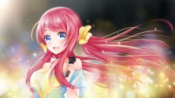 Rule 34 | 1girl, blue eyes, blue shirt, blurry, blurry background, breasts, cleavage, collarbone, floating hair, hair ornament, highres, holding, holding microphone, idol, lens flare, long hair, looking at viewer, medium breasts, microphone, minamoto sakura, off-shoulder shirt, off shoulder, red hair, shirt, short sleeves, solo, szy529, upper body, very long hair, zombie land saga