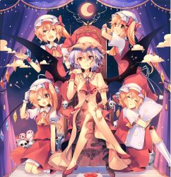 Rule 34 | 5girls, :p, ;d, ascot, bat wings, blonde hair, blood, blood on face, blue hair, brooch, clone, cloud, commentary request, curtains, duplicate, closed eyes, fang, fang out, flandre scarlet, four of a kind (touhou), gloves, hat, jewelry, kirero, crossed legs, mob cap, moon, multiple girls, hugging object, one eye closed, open mouth, pillow, pillow hug, pointy ears, puffy short sleeves, puffy sleeves, red footwear, red skirt, remilia scarlet, shoes, short hair, short sleeves, side ponytail, sitting, skirt, skirt set, skull, smile, throne, tongue, tongue out, touhou, white gloves, wings, wrist cuffs