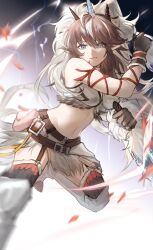 Rule 34 | 1girl, arknights, arm ribbon, bare shoulders, blue eyes, bra, brown gloves, brown hair, closed mouth, commentary request, crop top, dagger, fake horns, foot out of frame, fur-trimmed bra, fur trim, garter straps, gloves, highres, holding, holding dagger, holding knife, holding weapon, horns, kirin r yato (arknights), knife, long hair, looking at viewer, mane, midriff, monster hunter (series), multicolored hair, navel, ribbon, smile, solo, streaked hair, thighhighs, weapon, white hair, yato (arknights), yipingtaopuzi