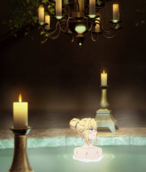 Rule 34 | 1girl, bath, bathing, bathroom, blonde hair, blue eyes, breasts, cleavage, collarbone, completely nude, hair bun, highres, large breasts, looking to the side, lowellmina earthworld, nude, partially submerged, screencap, single hair bun, smile, solo, stitched, tensai ouji no akaji kokka saiseijutsu, third-party edit