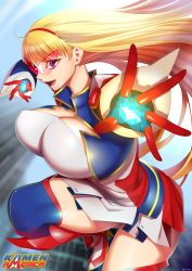 Rule 34 | 1girl, blonde hair, blue eyes, blurry, blurry background, boots, breasts, cleavage, cleavage cutout, clothing cutout, copyright name, covered erect nipples, covered navel, dress, energy, floating hair, from side, glasses, gloves, hairband, high heels, highres, huge breasts, kamen america (comic), kamen victory, kohcy, large breasts, long hair, looking at viewer, open mouth, outdoors, purple eyes, reaching, reaching towards viewer, short dress, sideways glance, smile, solo, superhero costume, thighhighs, tight clothes, tight dress, tinted eyewear, very long hair, zettai ryouiki