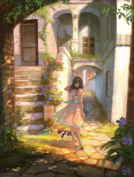 Rule 34 | 1girl, alley, arch, black eyes, black hair, blue sash, cat, city, commentary request, day, door, dress, flower, hand in own hair, high heels, highres, long hair, looking at viewer, original, outdoors, pavement, pink dress, plant, potted plant, road, sash, scenery, shoichi (ekakijin), short sleeves, solo, stairs, standing, street, window