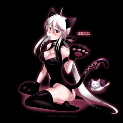 Rule 34 | 10s, 1girl, 2012, ahoge, animal, animal ears, animal hands, ass, bare shoulders, bell, black background, black thighhighs, blush, breasts, caffein, cat, cat day, cat ears, cat tail, cleavage, cleavage cutout, clothing cutout, covered erect nipples, dated, fish, gloves, highres, large breasts, long hair, looking at viewer, looking back, mouth hold, no shoes, paw gloves, red eyes, ribbon, shiny skin, silver hair, simple background, sitting, solo, tail, thighhighs, very long hair, vocaloid, wariza, yowane haku, yowaneko