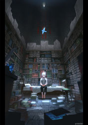 Rule 34 | androgynous, bed, bird, black pants, book, book stack, bookshelf, box, cage, chair, facing viewer, gender request, indoors, monokubo, on bed, original, pants, pillow, quill, shelf, sitting, solo, twitter username, white hair