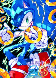 Rule 34 | 1boy, blue fur, blue theme, blueeblin, commentary request, electricity, full body, gloves, green eyes, happy birthday, hedgehog ears, highres, holding, looking at viewer, male focus, profile, red footwear, ring (sonic), shoe soles, smile, socks, solo, sonic (series), sonic the hedgehog, white gloves, white socks