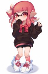 1girl, akr tmr, bike shorts, black shorts, black sweater, bow, bowtie, cross-laced footwear, domino mask, double horizontal stripe, full body, hand to own mouth, highres, hood, hood down, hoodie, inkling, looking at viewer, mask, medium hair, nintendo, pink hoodie, pink legwear, pointy ears, red eyes, red hair, red neckwear, shoes, shorts, simple background, sleeves past fingers, sleeves past wrists, sneakers, socks, solo, splatoon (series), standing, sweater, symbol commentary, tentacle hair, tied hair, white background, white footwear