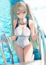 Rule 34 | 1girl, akita hika, aqua eyes, breasts, climbing ladder, competition swimsuit, covered navel, dripping, from above, glint, goggles, goggles around neck, grey hair, groin, hand on railing, highleg, highleg swimsuit, highres, looking at viewer, medium breasts, multicolored clothes, multicolored swimsuit, navel, one-piece swimsuit, original, outdoors, pool, pool ladder, poolside, refraction, skin tight, skindentation, solo, swim cap, unworn swim cap, swimsuit, thighs, tile floor, tiles, twintails, wading, wet, wet clothes, wet swimsuit, whistle, whistling