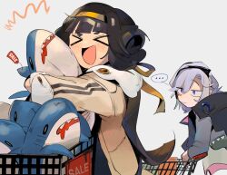 Rule 34 | &gt; &lt;, ..., 2girls, black hair, blush, chesed (uporyz), closed mouth, coat, commentary request, facial mark, girls&#039; frontline, grey hair, hairband, highres, ikea shark, looking at another, medium hair, multiple girls, hugging object, open mouth, orange hairband, purple eyes, qbu-88 (girls&#039; frontline), sale, shopping cart, simple background, sl8 (girls&#039; frontline), standing, stuffed animal, stuffed shark, stuffed toy, upper body, yellow coat