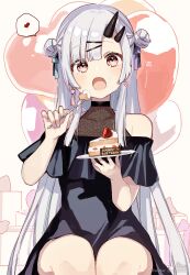 Rule 34 | 1girl, :o, absurdres, balloon, bare shoulders, black dress, blue nails, blush, box, cake, cake slice, commission, covered collarbone, double bun, dress, fang, feet out of frame, food, food on face, fork, gift, gift box, grey hair, hair bun, hair ornament, hairclip, happy birthday, heart, heart balloon, highres, holding, holding fork, holding plate, horns, looking at viewer, multicolored nails, nail polish, off-shoulder dress, off shoulder, open mouth, original, parted bangs, plate, purple nails, red eyes, signature, simple background, sitting, skeb commission, sofra, solo, spoken heart, twitter username, white background