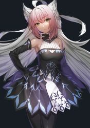 Rule 34 | 1girl, ahoge, animal ears, atalanta (fate), atalanta alter (fate), atalanta alter (first ascension) (fate), bare shoulders, belt collar, black pantyhose, braid, breasts, cat ears, closed mouth, collar, commentary request, detached sleeves, dress, fate/grand order, fate (series), green eyes, hair between eyes, hand on own hip, highres, kyoungi nyang, long hair, looking at viewer, medium breasts, multicolored hair, pantyhose, silver hair, simple background, solo, standing
