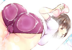 Rule 34 | 1girl, against glass, anegasaki nene, ass, ass focus, ass on glass, ass press, bath, bent over, blush, breasts, brown eyes, brown hair, bubble, buruma, cameltoe, cleft of venus, female focus, from behind, gym uniform, hanging breasts, huge ass, katori (mocchidou), large breasts, looking back, love plus, mole, mole under eye, open mouth, parted lips, short hair, sideboob, soap, soap bubbles, solo, sponge