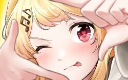 Rule 34 | 1girl, blonde hair, blush, brown dress, carmen kiruya, dress, finger frame, fortissimo, hair ornament, heart, heart in eye, highres, hololive, hololive dev is, long hair, looking at viewer, musical note, musical note hair ornament, one eye closed, otonose kanade, red eyes, smile, solo, symbol in eye, tongue, tongue out, virtual youtuber