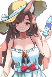 Rule 34 | 1girl, alternate costume, animal ears, bottle, brown eyes, brown hair, brown hat, commentary, english commentary, hat, highres, holding, holding bottle, imaizumi kagerou, long hair, looking at viewer, plastic bottle, simple background, smile, solo, straw hat, touhou, upper body, vanilla flan, white background, wolf ears, wolf girl