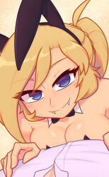 Rule 34 | 1girl, absurdres, animal ears, bare shoulders, black bow, black bowtie, blonde hair, blue eyes, blush, bow, bowtie, breasts, fangs, hands on own chest, highres, looking at viewer, looking up, medium breasts, monster girl, nose, original, ponytail, rabbit ears, rabbit girl, reflection, shirt, smile, solo, xyronii