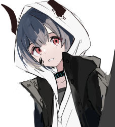 Rule 34 | 1girl, arknights, black hair, black jacket, collarbone, female focus, hood, hood up, hooded shirt, horns, horns through headwear, infection monitor (arknights), jacket, looking at viewer, material growth, open clothes, open jacket, oripathy lesion (arknights), parted lips, red eyes, shirt, simple background, solo, tetuw, upper body, vulcan (arknights), white background, white shirt