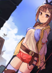 Rule 34 | 1girl, atelier (series), atelier ryza, atelier ryza 1, belt, breasts, brown eyes, brown hair, cleavage, closed mouth, hair ornament, hairclip, hank10111213, hat, jewelry, looking at viewer, medium breasts, necklace, red shorts, reisalin stout, short hair, short shorts, shorts, smile, solo, standing, star (symbol), thighhighs, white hat
