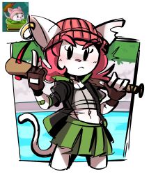 Rule 34 | 1girl, :&lt;, ^^^, absurdres, animal ears, baseball bat, beanie, black jacket, brown gloves, cat ears, cat tail, cattail (plants vs zombies), crop top, cropped legs, earrings, fingerless gloves, gloves, green skirt, hat, highres, holding, holding baseball bat, jacket, jewelry, looking at viewer, middle finger, midriff, navel, open clothes, open jacket, outside border, peargor, personification, pink hair, pink headwear, plants vs zombies, pleated skirt, reference inset, skirt, tail, v-shaped eyebrows