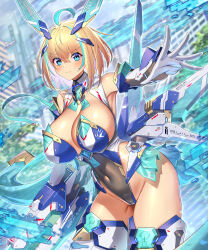 Rule 34 | 1girl, animal ears, aqua hair, blonde hair, blue eyes, breasts, cleavage, closed mouth, commentary request, covered navel, fake animal ears, gloves, highres, large breasts, leotard, looking at viewer, mecha musume, multicolored hair, original, playboy bunny, rabbit ears, smile, solo, sophia f shirring, takamine nadare, thighs, two-tone hair, white gloves