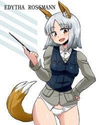 Rule 34 | 1girl, animal ears, aono3, black vest, brave witches, brown eyes, character name, commentary request, cowboy shot, crotch seam, dress shirt, edytha rossmann, fox ears, fox tail, grey jacket, hand on own hip, head tilt, holding, jacket, looking at viewer, military, military uniform, no pants, open mouth, panties, pointer, shirt, short hair, silver hair, simple background, smile, solo, standing, tail, underwear, uniform, vest, white background, white panties, white shirt, wing collar, world witches series
