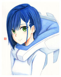 Rule 34 | 1girl, artist name, blue hair, bob cut, bodysuit, border, breasts, c:, closed mouth, commentary, darling in the franxx, green eyes, hair between eyes, hair ornament, hairclip, hood, hood down, ichigo (darling in the franxx), inverted bob, looking at viewer, looking to the side, loose hair strand, painting (medium), pilot suit, short hair, signature, simple background, single sidelock, small breasts, smile, solo, traditional media, upper body, watercolor (medium), white background, white bodysuit, white border, y takeshinu wan
