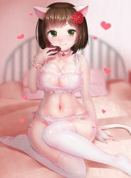 Rule 34 | 10s, 1girl, animal ears, bed, bell, blush, bra, breasts, brown hair, cat cutout, cat ear panties, cat ears, cat lingerie, cat tail, choker, cleavage, cleavage cutout, clothing cutout, curvy, doyouwantto, fang, fang out, flower, green eyes, hair flower, hair ornament, heart, idolmaster, idolmaster cinderella girls, jingle bell, large breasts, looking at viewer, maekawa miku, meme attire, navel, neck bell, panties, pillow, short hair, side-tie panties, sitting, smile, solo, tail, thighhighs, underwear, underwear only, white bra, white panties, white thighhighs, wide hips