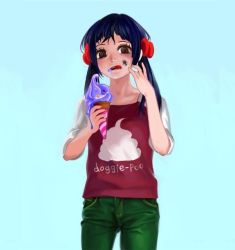 Rule 34 | 1girl, artist request, blue background, blue hair, bow, brown eyes, bug, character request, collarbone, english text, fly, food, green jeans, green pants, hair bow, ice cream, bug, jeans, looking at viewer, open mouth, pink shirt, red bow, shirt, simple background, solo, t-shirt, teeth, text focus, tongue, twintails