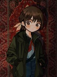 Rule 34 | 1girl, blue pants, braid, brown eyes, brown hair, closed mouth, dark background, denim, film grain, green jacket, hair behind ear, hair ornament, hands in pockets, high-waist pants, io (onisarashi), jacket, jeans, long sleeves, looking to the side, neckerchief, open clothes, open jacket, original, pants, puffy long sleeves, puffy sleeves, red background, red neckerchief, shirt tucked in, single braid, solo, standing, tapestry