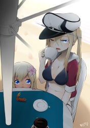 Rule 34 | 10s, 1girl, 2girls, absurdres, arm at side, beach umbrella, blonde hair, blue eyes, breasts, head rest, cleavage, crab, cup, dai yasude, graf zeppelin (kancolle), hair between eyes, hat, highres, jacket, kantai collection, large breasts, long hair, looking at viewer, midriff, military hat, multiple girls, one eye closed, open clothes, open jacket, open mouth, peaked cap, ro-500 (kancolle), sidelocks, sitting, table, tan, teacup, track jacket, twintails, umbrella