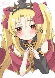 Rule 34 | 1girl, bad id, bad pixiv id, bare shoulders, black sleeves, blonde hair, blush, bow, cape, closed mouth, commentary request, detached sleeves, earrings, ereshkigal (fate), fate/grand order, fate (series), fingernails, fingers together, hair between eyes, hair bow, hands up, heart, hikkii, infinity symbol, jewelry, long hair, long sleeves, parted bangs, puffy long sleeves, puffy sleeves, red bow, red cape, red eyes, simple background, single detached sleeve, skull, sleeveless, smile, solo, steepled fingers, tiara, two side up, white background
