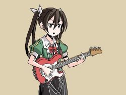 Rule 34 | &gt;:), &gt;:d, 1girl, :d, black hair, electric guitar, guitar, hair ribbon, instrument, kantai collection, music, neck ribbon, open mouth, playing instrument, puffy short sleeves, puffy sleeves, ribbon, short sleeves, simple background, sixten, smile, solo, tone (kancolle), twintails, v-shaped eyebrows
