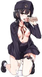 Rule 34 | 1girl, black eyes, black footwear, black hair, blush, breasts, breasts out, fellatio, kneeling, looking at viewer, military, military uniform, navel, nipples, open mouth, oral, out of frame, penis, shoes, solo focus, tama (tamatamo), tears, tongue, uncensored, uniform