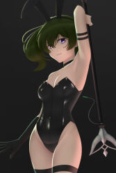 Rule 34 | 1girl, animal ears, arm strap, arm up, armlet, armpits, bare shoulders, black choker, black gloves, black leotard, breasts, choker, cleavage, fake animal ears, gloves, green hair, hair between eyes, highleg, highleg leotard, highres, holding, leotard, long hair, looking at viewer, mage staff, medium breasts, playboy bunny, purple eyes, rabbit ears, side ponytail, single glove, siraha, smile, solo, sousou no frieren, strapless, strapless leotard, thigh strap, ubel (sousou no frieren)