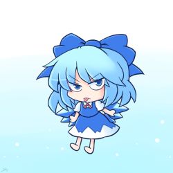 Rule 34 | 1girl, 216, barefoot, blue bow, blue dress, blue eyes, blue hair, bow, brown footwear, chibi, cirno, collared shirt, dress, flat chest, hair bow, ice, ice wings, long dress, neck ribbon, pinafore dress, puffy short sleeves, puffy sleeves, red ribbon, ribbon, shirt, shoes, short dress, short hair, short sleeves, simple background, sleeveless dress, socks, solo, tongue, tongue out, touhou, v-shaped eyebrows, white background, white shirt, white socks, wings