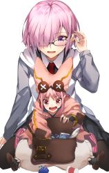 Rule 34 | 2girls, bag, baggy clothes, baggy pants, black-framed eyewear, black shirt, blush, brown legwear, collared shirt, commentary request, fate/grand order, fate (series), glasses, grey jacket, habetrot (fate), hair over one eye, hat, herigaru (fvgyvr000), highres, hood, hood down, hooded jacket, jacket, light purple hair, long hair, long sleeves, mash kyrielight, multiple girls, necktie, one eye covered, open clothes, open jacket, open mouth, pants, pantyhose, pink eyes, pink hair, pink headwear, pointy ears, purple eyes, red neckwear, satchel, shirt, short hair, sidelocks, simple background, sitting, sitting on person, size difference, smile, teeth, white background