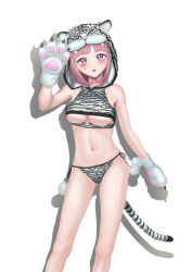Rule 34 | 1girl, absurdres, animal ears, animal hands, animal hood, animal print, bad id, bad pixiv id, bare arms, blunt bangs, blush, breasts, chinese zodiac, contrapposto, danganronpa (series), danganronpa 2: goodbye despair, fake animal ears, hand up, highres, hood, hood up, large breasts, looking at viewer, medium hair, nanami chiaki, navel, no hair ornament, open mouth, panties, pink eyes, side-tie panties, simple background, solo, stomach, tail, teeth, tiger hood, tiger paws, tiger print, tiger tail, underwear, upper teeth only, white background, wu wu luo, year of the tiger
