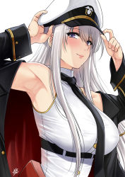 Rule 34 | 1girl, armpits, azur lane, bare shoulders, black necktie, blush, breasts, closed mouth, coat, enterprise (azur lane), hat, highres, large breasts, long hair, looking at viewer, necktie, peaked cap, purple eyes, shirt, signature, silver hair, simple background, sleeveless, sleeveless shirt, smile, solo, very long hair, white background, xter