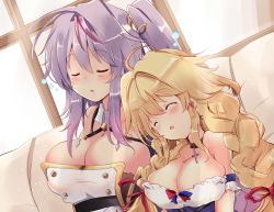 Rule 34 | 2girls, ahoge, azur lane, blonde hair, blush, braid, breasts, cleavage, collarbone, commentary request, couch, cross, cross necklace, earrings, closed eyes, grenville (azur lane), hair ornament, highres, jewelry, large breasts, le temeraire (azur lane), long hair, multiple girls, necklace, open mouth, purple hair, ribbon, side ponytail, sleeping, tonchinkan, twin braids, window