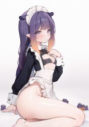 Rule 34 | 1girl, apron, arm support, barefoot, blunt bangs, commentary, english commentary, gradient hair, hand on own chest, hand up, highres, hololive, hololive english, koahri, legs, long hair, looking at viewer, maid, maid apron, mole, mole under eye, multicolored hair, ninomae ina&#039;nis, no panties, orange hair, pointy ears, pout, purple hair, sidelocks, simple background, sitting, sleeve cuffs, solo, takodachi (ninomae ina&#039;nis), tentacle hair, thighs, very long hair, virtual youtuber, wariza, white background