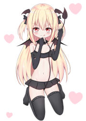 Rule 34 | 1girl, :q, absurdres, bare shoulders, black bow, black gloves, black skirt, black thighhighs, blonde hair, blush, bow, breasts, brown wings, closed mouth, collarbone, commentary request, demon girl, demon tail, demon wings, elbow gloves, fingerless gloves, frilled tankini, full body, gloves, groin, hair between eyes, hair bow, head wings, heart, heart-shaped pupils, heart background, highres, jiu (sdesd3205), long hair, looking at viewer, mini wings, miniskirt, navel, no shoes, original, pleated skirt, pointy ears, red eyes, simple background, skirt, small breasts, smile, solo, symbol-shaped pupils, tail, thighhighs, tongue, tongue out, two side up, very long hair, white background, wings
